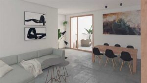 Imagen del salón. Render de rehabilitacion de vivienda en Calle Colon Aracena Huelva. Proyecto de Simarquitectura